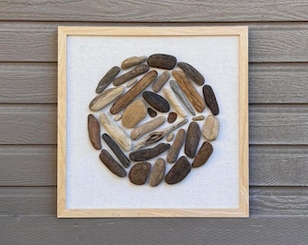 Large Driftwood Wall Art |17"x17"| Collage/Framed Hanging-Coastal Decor/Sculpture/Rustic/ Reclaimed Beach Art-3D Accent - Natural Wood Frame