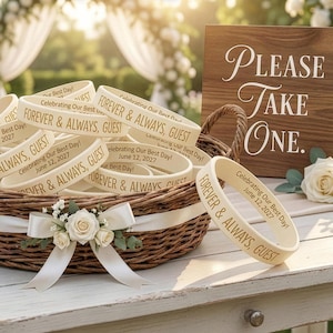 May include: A wicker basket filled with ivory-colored wristbands, each inscribed with "FOREVER & ALWAYS, GUEST" and the date "June 12, 2027." A wooden sign reads "PLEASE TAKE ONE." The basket is decorated with a white ribbon and floral accents.