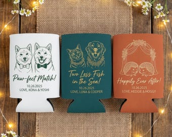 Gepersonaliseerde blikjeskoelers voor bruiloft met huisdierillustratie, aangepast portret van hond of kat, borrel bij receptie