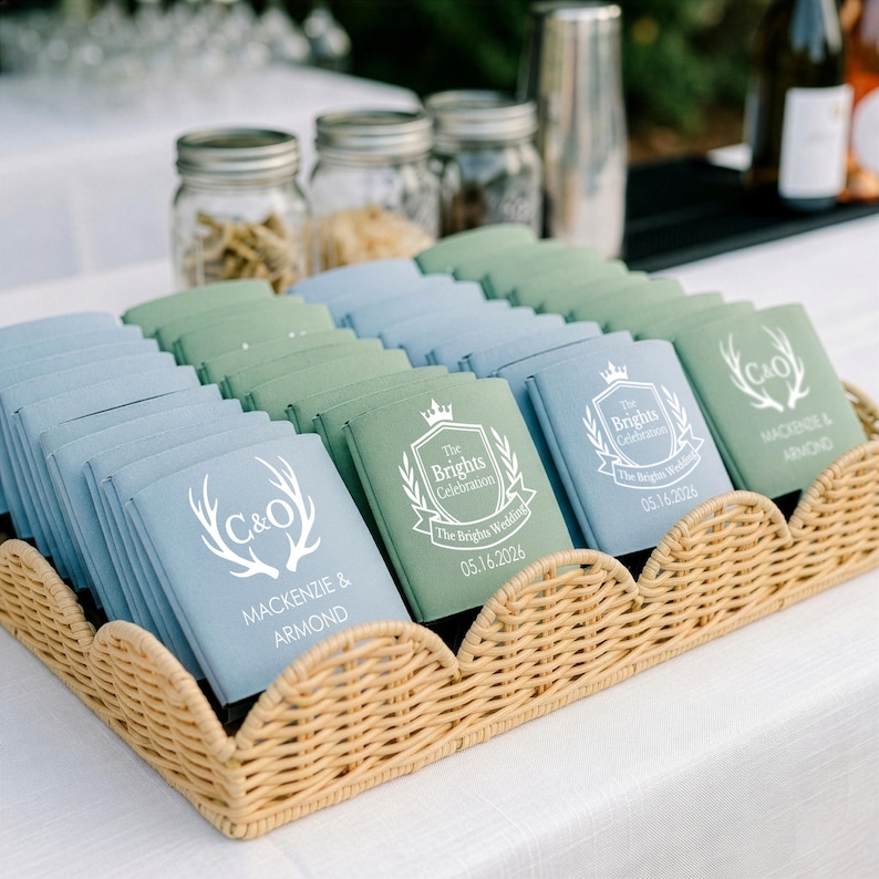 Custom printed wedding can coolers and Koozies displayed in a scalloped wicker basket. These personalized beverage sleeves make perfect custom wedding reception favors. Neatly folded sage green and dusty blue drink coolers feature a printed finish with white text, doves and floral motifs, A and Q initials, The Willams Day, Ava, and Quincy. These monogrammed event drinkware and keepsake Koozies are ideal bulk personalized wedding favors or bridal party gifts. Custom printed items for events!