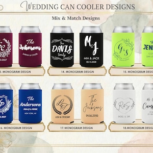 Wedding can cooler design chart featuring mix and match monogram styles for custom wedding favors. Personalized names, initials, dates, and locations printed on insulated can coolers in burgundy, black, green, blue, tan, and white. Ideal for weddings, receptions, bridal showers, and bulk event orders with coordinated modern and classic typography options. Perfect for outdoor celebrations, destination weddings, engagement parties, rehearsal dinners, and coordinated drinkware displays. Always.