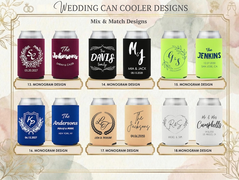 Wedding can cooler design chart featuring mix and match monogram styles for custom wedding favors. Personalized names, initials, dates, and locations printed on insulated can coolers in burgundy, black, green, blue, tan, and white. Ideal for weddings, receptions, bridal showers, and bulk event orders with coordinated modern and classic typography options. Perfect for outdoor celebrations, destination weddings, engagement parties, rehearsal dinners, and coordinated drinkware displays. Always.