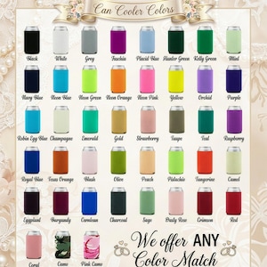 Full selection of can cooler color options available for custom wedding and event orders. Choose from classic neutrals, soft pastels, bold brights, and specialty shades to match wedding palettes or brand colors. Personalized foam sleeves can be printed with names, dates, or logos for coordinated decor. Ideal for bulk wedding favors, parties, and promotions. Any color match available upon request. Made to order with smooth foam texture and consistent print quality.