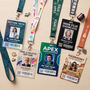 May include: Five event badges with lanyards featuring various designs: Future Tech Symposium, Pixel & Palette Art Fair, Apex Gaming Invitational, Indie Film Showcase, and Harmony Music Festival. Each badge includes a photo, name, and barcode.
