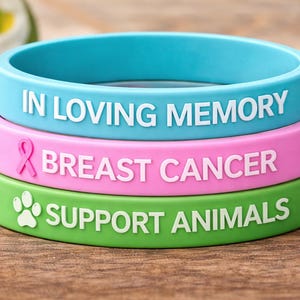 Könnte beinhalten: Drei gestapelte Silikonarmbänder in Blau, Rosa und Grün. Das oberste Armband trägt die Aufschrift "IN LOVING MEMORY". Das mittlere Armband hat ein rosa Band und trägt die Aufschrift "BREAST CANCER". Das untere Armband trägt die Aufschrift "SUPPORT ANIMALS" mit einem Pfotenabdruck.