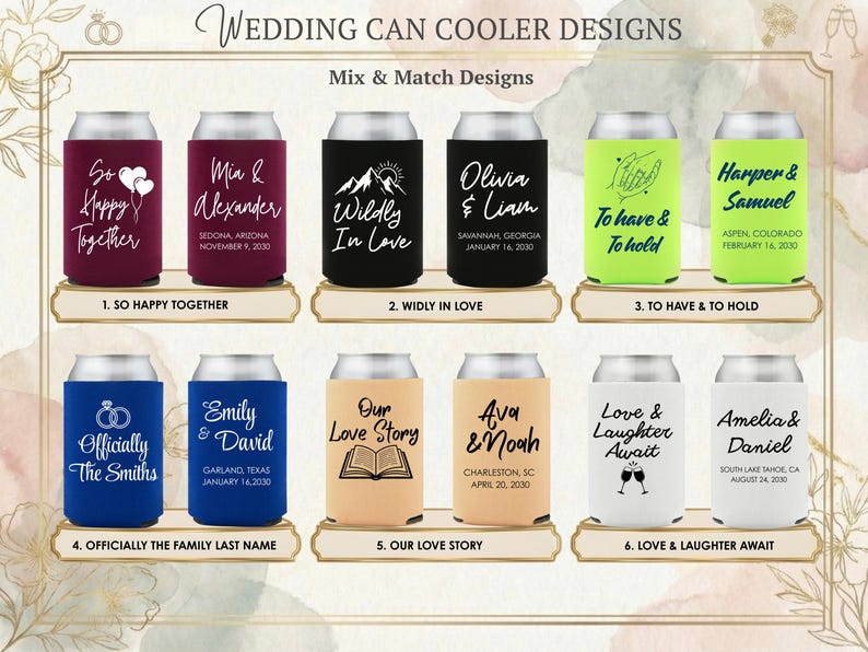 Wedding can cooler design options displayed with popular phrases, names, and dates for personalized celebrations. Custom printed foam sleeves allow couples to choose a style that matches their wedding theme, colors, and venue. Ideal for receptions, engagement parties, and bridal showers. Designed to fit standard beer and soda cans while keeping drinks cold. Perfect for bulk wedding favors, bar displays, and welcome bags. Made to order with clean print detail and smooth foam texture.