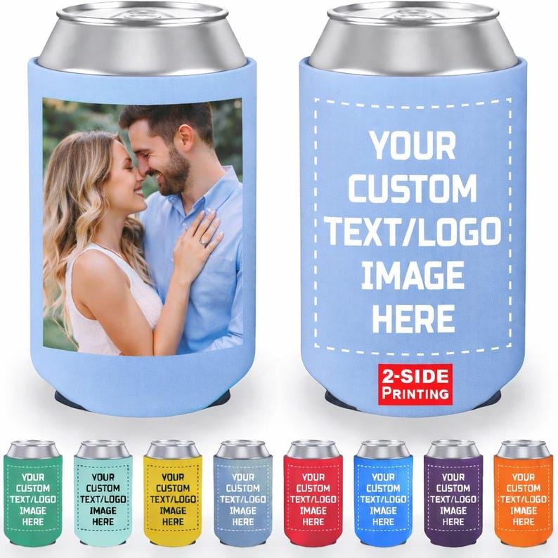 Personalized photo can coolers featuring custom images, names, or logos with two sided printing. Upload a favorite photo or design and pair it with custom text for unique wedding favors or event keepsakes. Foam sleeves fit standard beer and soda cans while keeping beverages cold. Ideal for weddings, anniversaries, and parties. Available in multiple colors for bulk orders. Made to order with vibrant print clarity and smooth, durable foam construction.