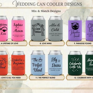 Custom wedding can cooler designs created for modern celebrations, destination weddings, and coordinated event themes. Personalized foam sleeves display names, dates, and meaningful phrases, offering both style and function. Ideal for beer and soda cans, they keep beverages cold throughout receptions and parties. Popular as bulk wedding favors, welcome bag inserts, and bar accessories. Made to order in multiple colors with consistent printing, smooth foam feel, and durable construction guests