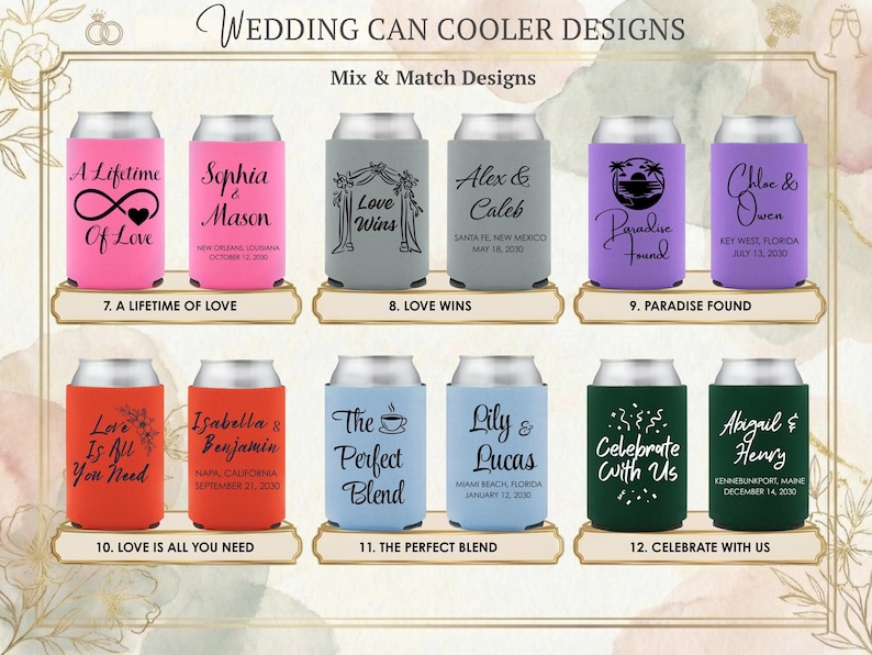 Custom wedding can cooler designs created for modern celebrations, destination weddings, and coordinated event themes. Personalized foam sleeves display names, dates, and meaningful phrases, offering both style and function. Ideal for beer and soda cans, they keep beverages cold throughout receptions and parties. Popular as bulk wedding favors, welcome bag inserts, and bar accessories. Made to order in multiple colors with consistent printing, smooth foam feel, and durable construction guests