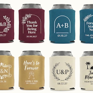 Wedding can cooler designs featuring elegant monograms, dates, and meaningful phrases for personalized celebrations. Custom printed foam sleeves are ideal for receptions, ceremonies, and guest tables. Designed to fit standard beer and soda cans while keeping drinks cold throughout the event. Perfect for bulk wedding favors, welcome bags, and bar decor. Multiple color options available to match wedding themes. Made to order with smooth foam material, crisp print detail, and durable