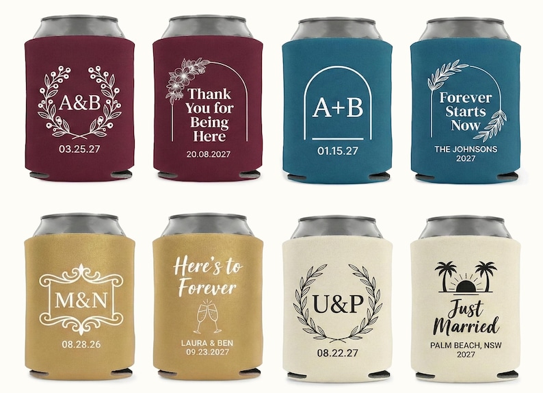 Wedding can cooler designs featuring elegant monograms, dates, and meaningful phrases for personalized celebrations. Custom printed foam sleeves are ideal for receptions, ceremonies, and guest tables. Designed to fit standard beer and soda cans while keeping drinks cold throughout the event. Perfect for bulk wedding favors, welcome bags, and bar decor. Multiple color options available to match wedding themes. Made to order with smooth foam material, crisp print detail, and durable