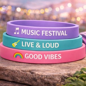 Puede incluir: Tres pulseras de silicona apiladas con las frases «MUSIC FESTIVAL», «LIVE & LOUD» y «GOOD VIBES». También aparecen una nota musical, una guitarra y un arcoíris. Hay unos auriculares morados en el fondo.