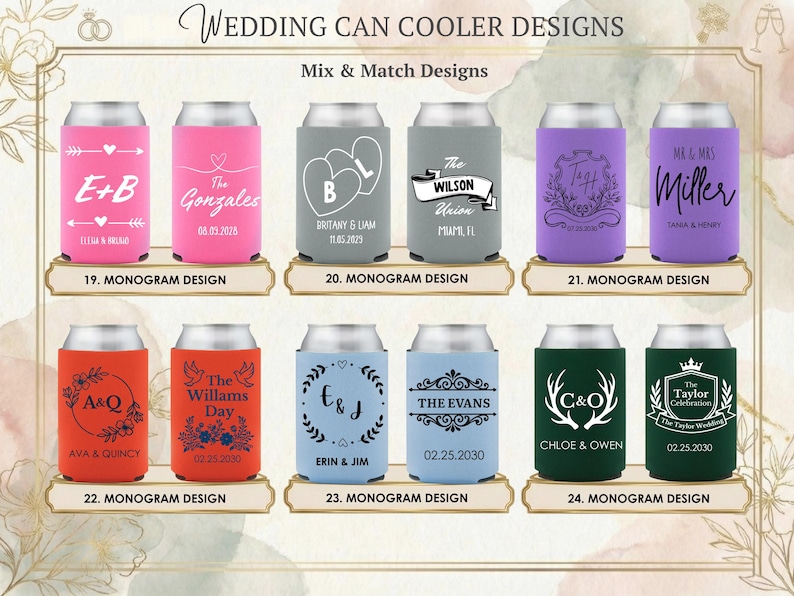 Custom wedding can coolers designed for your big day. Personalize with names, initials, dates, or monograms for a cohesive reception look. Perfect for weddings, bridal showers, engagement parties, and rehearsal dinners. Mix and match designs and colors to fit your theme. Made to order with crisp, long lasting print. Ideal wedding favors guests will actually use and take home. Great for outdoor receptions, backyard weddings, and destination celebrations where drinks stay cold and hands stay dry.!