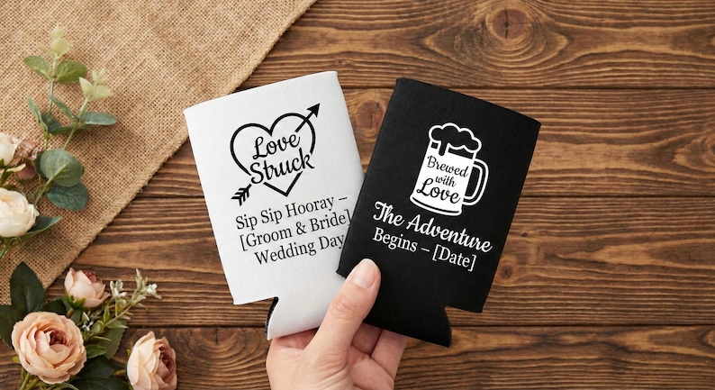Personalized wedding can coolers shown in classic black and white designs for timeless celebrations. Custom printed foam sleeves feature romantic phrases, names, and wedding dates for meaningful guest favors. Designed for beer and soda cans, they keep drinks cold while adding charm to reception tables. Ideal for rustic, modern, or traditional weddings. Popular for bulk orders, bar setups, and welcome gifts. Made to order with durable foam and crisp, high contrast printing.