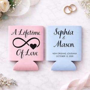 Personalized wedding can coolers designed for romantic indoor celebrations, bridal showers, and elegant receptions. Custom printed foam sleeves feature couple names, locations, and wedding dates, making thoughtful favors guests keep. Sized to fit standard beer and soda cans, they help maintain cold drinks while elevating decor. Perfect for bulk orders, engagement events, and gift tables. Made to order in soft pastel tones with smooth foam texture and crisp, long lasting print quality.