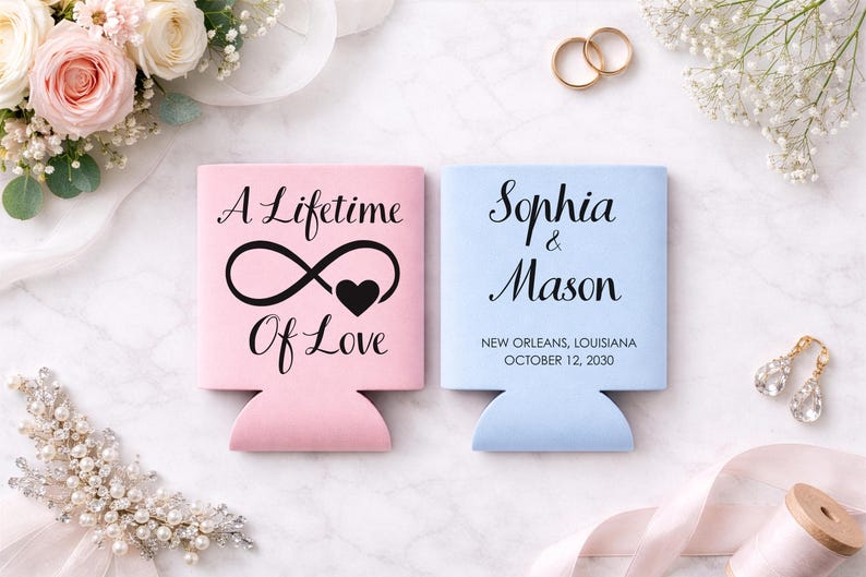 Personalized wedding can coolers designed for romantic indoor celebrations, bridal showers, and elegant receptions. Custom printed foam sleeves feature couple names, locations, and wedding dates, making thoughtful favors guests keep. Sized to fit standard beer and soda cans, they help maintain cold drinks while elevating decor. Perfect for bulk orders, engagement events, and gift tables. Made to order in soft pastel tones with smooth foam texture and crisp, long lasting print quality.
