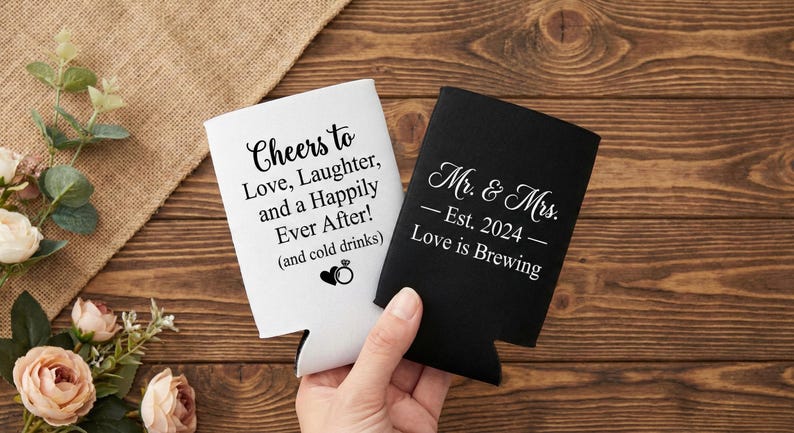 Wedding can coolers featuring playful and elegant text designs for celebration-ready favors. Personalized foam sleeves showcase wedding sayings, names, and dates guests will love using again. Designed to hold beer or soda cans comfortably while keeping drinks cold during receptions. Ideal for engagement parties, weddings, and after-parties. Popular as bulk favors and bar accessories. Made to order with smooth foam material, crisp lettering, and long lasting print durability.