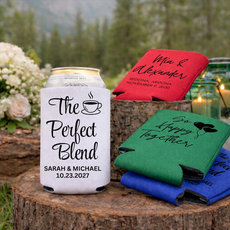 Custom wedding can coolers styled for outdoor ceremonies, mountain venues, and rustic receptions. Personalized foam sleeves are printed with names, wedding dates, and locations, creating functional favors guests actually use. Designed for beer and soda cans, they keep drinks cold while enhancing tables and bar setups. Ideal for bulk wedding favors, engagement parties, and welcome bags. Made to order with clean, durable printing and smooth foam for long lasting celebration use. Always cherished.