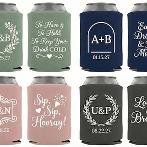 Personalized wedding can coolers showcasing romantic wording and classic typography for timeless events. Custom foam sleeves are printed with couple initials, wedding dates, and celebratory phrases guests love. Designed to hold standard cans securely while keeping beverages cold during receptions and parties. Ideal for rustic, modern, or formal weddings. Popular as bulk favors and table accents. Made to order with high quality foam, clean printing, and long lasting durability for memorable.