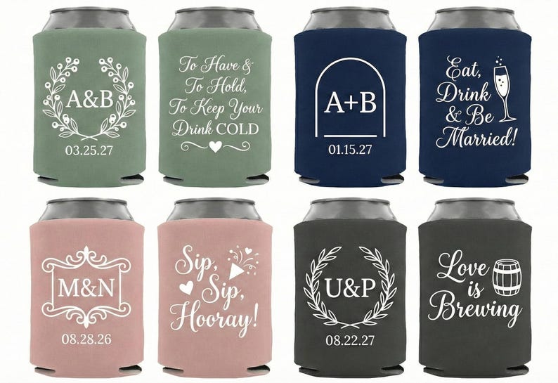 Personalized wedding can coolers showcasing romantic wording and classic typography for timeless events. Custom foam sleeves are printed with couple initials, wedding dates, and celebratory phrases guests love. Designed to hold standard cans securely while keeping beverages cold during receptions and parties. Ideal for rustic, modern, or formal weddings. Popular as bulk favors and table accents. Made to order with high quality foam, clean printing, and long lasting durability for memorable.