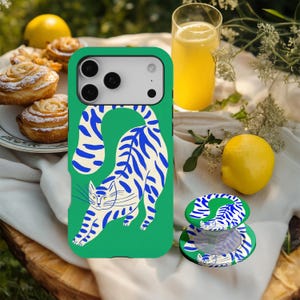Green Tiger iPhone Case • White & Blue Stripe Design, Henri Matisse Phone Case Seamless Pattern Cover, iPhone 17 16 15 14 13 12, Samsung S26