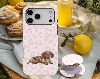 Bonita funda para teléfono con diseño de perro salchicha, divertida funda con estampado de leopardo y guepardo rosa, para iPhone 17, 16, 15, 14, 13 y 12, Samsung