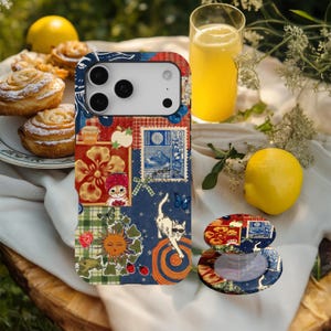 Retro Patchwork Phone Case, Whimsical Cat Stamp Collage Cover, Artsy Cottagecore, iPhone 17 16 15 14 13 12 11 Pro Max, Samsung S26 S25 S24