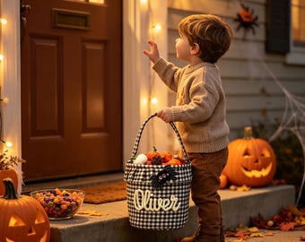 Personalized Halloween Basket, Gingham Trick or Treat Bag, Custom Name Tote, Halloween Gift