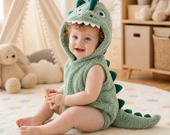 Personalized Baby Dinosaur Costume Romper, Custom Name Hooded Infant Dino Outfit, Baby Shower Gift