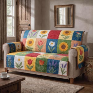 Puede incluir: Una funda de sofá de patchwork floral con cuadrados con girasoles, margaritas, tulipanes y lavanda bordados. La funda es en tonos de rojo, amarillo, azul y verde, y está colocada sobre un sofá beige. La funda también tiene fundas de reposabrazos a juego.