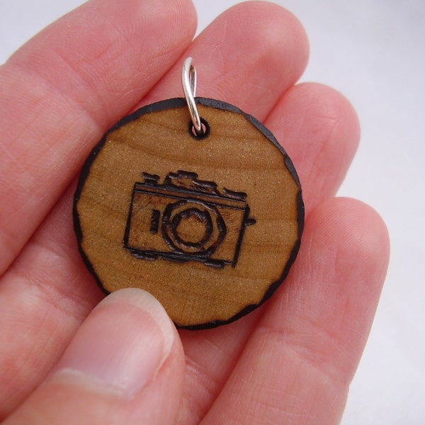 my favorite old camera - a natural wooden pendant, handmade wood-burned jewelry