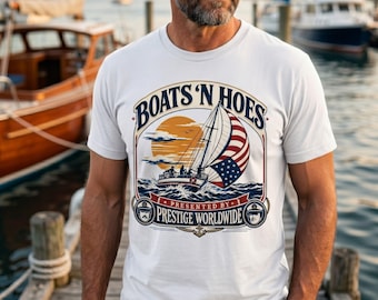 Boats N Hoes Patriotic Fishing Shirt, Funny Lake Boat Tee, America Flag Sailboat Shirt, Summer Vacation Tee