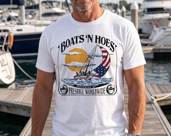 Boats N Hoes Patriotic Fishing Shirt, Funny Lake Boat Tee, America Flag Sailboat Shirt, Summer Vacation Tee