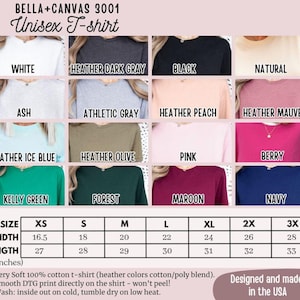 以下が含まれることがあります： 白、黒、ネイビーなど、さまざまな色のBella+Canvas 3001ユニセックスTシャツの製品画像。インチ単位のサイズチャートと、シャツの素材とケアに関する詳細が含まれています。