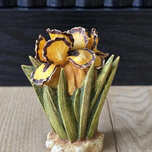 May include: A decorative figurine of a blooming iris flower with vibrant yellow petals featuring dark brown ruffled edges. The flower is surrounded by textured green leaves and is set upon a light-colored, rocky base, creating a detailed botanical sculpture.