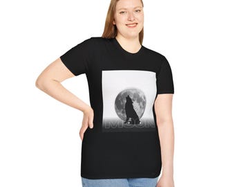 May include: Black t-shirt featuring a graphic of a howling wolf in front of a full moon. The design is in black and white, with the word "MOON" printed below the moon. The shirt is made of a soft material.
