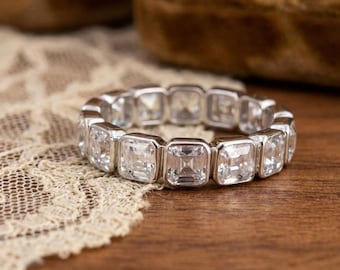 Bezel-Set Asscher Cut Diamond Full Eternity Band, Sterling Silver Moissanite Wedding Band, Anniversary Gift For Her, Engagement Ring