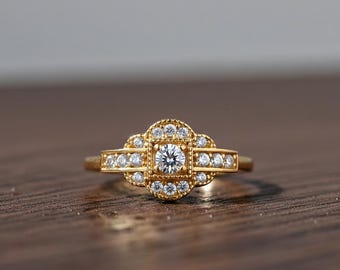 Moissanite Sterling Silver Engagement Ring, Gold Plated, Antique Style