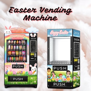 Może przedstawiać: Dwa automaty do sprzedaży z motywem Wielkanocy. Jeden jest wypełniony przekąskami, drugi pusty. Oba mają tekst "Wesołych Świąt Wielkanocnych" i "PUSH". Pierwsza maszyna ma grafikę tęczy i króliczków. Druga maszyna ma dzieci z pisankami.
