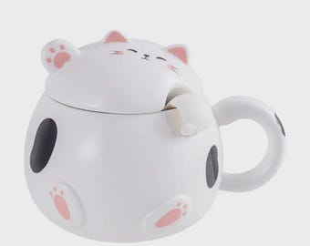 Whimsy Cat 15oz Mug with Lid and Spoon White