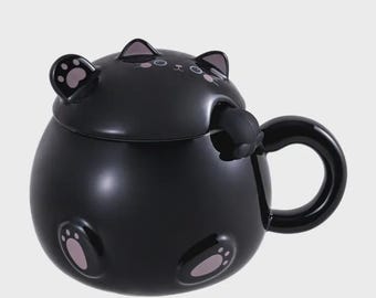 Whimsy Cat 15oz Mug with Lid and Spoon Black