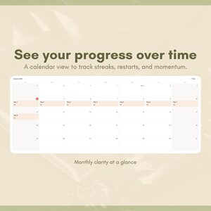 K&ouml;nnte beinhalten: Digitales Kalender-Interface mit wei&szlig;em Hintergrund, das eine monatliche Ansicht mit Daten und hervorgehobenen Abschnitten anzeigt. Der Text oben lautet "See your progress over time". Das Bild enth&auml;lt auch den Text "A calendar view to track streaks, restarts, and momentum."
