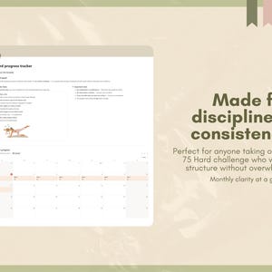 K&ouml;nnte beinhalten: Eine digitale Planerseite mit dem Text "75 hard progress tracker". Die Seite enth&auml;lt eine Liste t&auml;glicher Aufgaben, einen Fortschritts-Tracker und die Worte "Made for discipline & consistency".