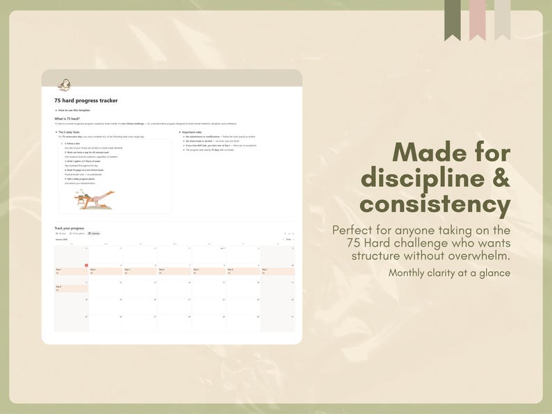 K&ouml;nnte beinhalten: Eine digitale Planerseite mit dem Text "75 hard progress tracker". Die Seite enth&auml;lt eine Liste t&auml;glicher Aufgaben, einen Fortschritts-Tracker und die Worte "Made for discipline & consistency".
