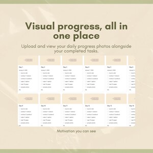 K&ouml;nnte beinhalten: Ein digitaler Fortschritts-Tracker mit hellbeigem Hintergrund. Der Text "Visueller Fortschritt, alles an einem Ort" steht oben. Darunter steht "Laden Sie Ihre t&auml;glichen Fortschrittsfotos zusammen mit Ihren erledigten Aufgaben hoch".