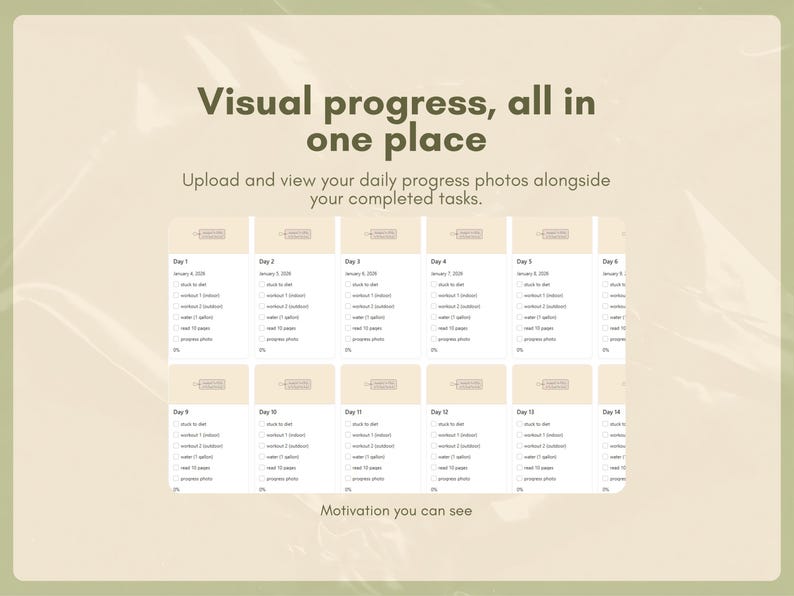 K&ouml;nnte beinhalten: Ein digitaler Fortschritts-Tracker mit hellbeigem Hintergrund. Der Text "Visueller Fortschritt, alles an einem Ort" steht oben. Darunter steht "Laden Sie Ihre t&auml;glichen Fortschrittsfotos zusammen mit Ihren erledigten Aufgaben hoch".