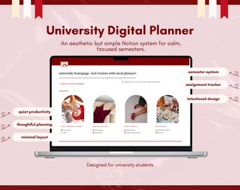 Plantilla de planificador digital universitario para Notion / Planificador estudiantil rojo, organizador semestral minimalista