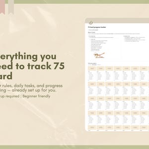 K&ouml;nnte beinhalten: Ein digitaler Planer mit dem Text "75 hard progress tracker" und einer Liste von Regeln und Aufgaben. Der Planer befindet sich vor einem hellgr&uuml;nen Hintergrund mit dem Text "Everything you need to track 75 Hard".