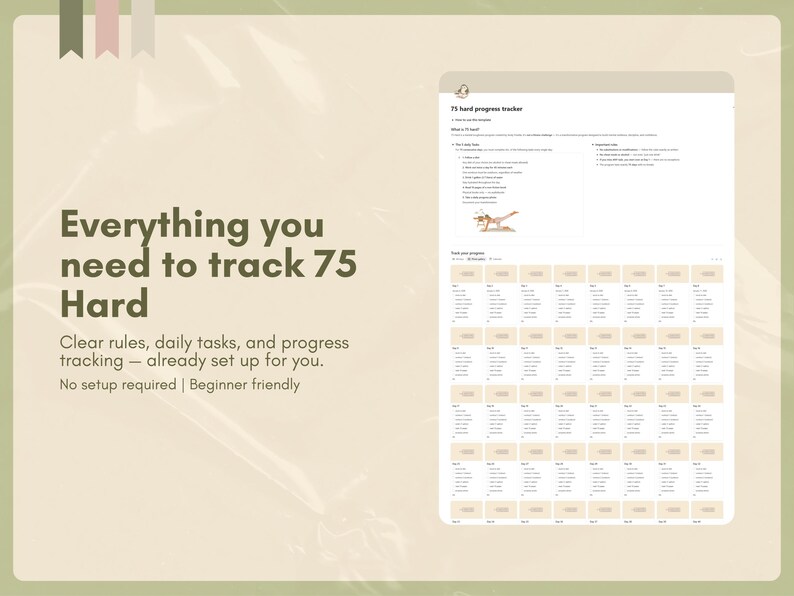 K&ouml;nnte beinhalten: Ein digitaler Planer mit dem Text "75 hard progress tracker" und einer Liste von Regeln und Aufgaben. Der Planer befindet sich vor einem hellgr&uuml;nen Hintergrund mit dem Text "Everything you need to track 75 Hard".