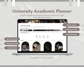 Plantilla de Notion para planificador académico universitario / Planificador académico oscuro para estudiantes, organizador semestral minimalista